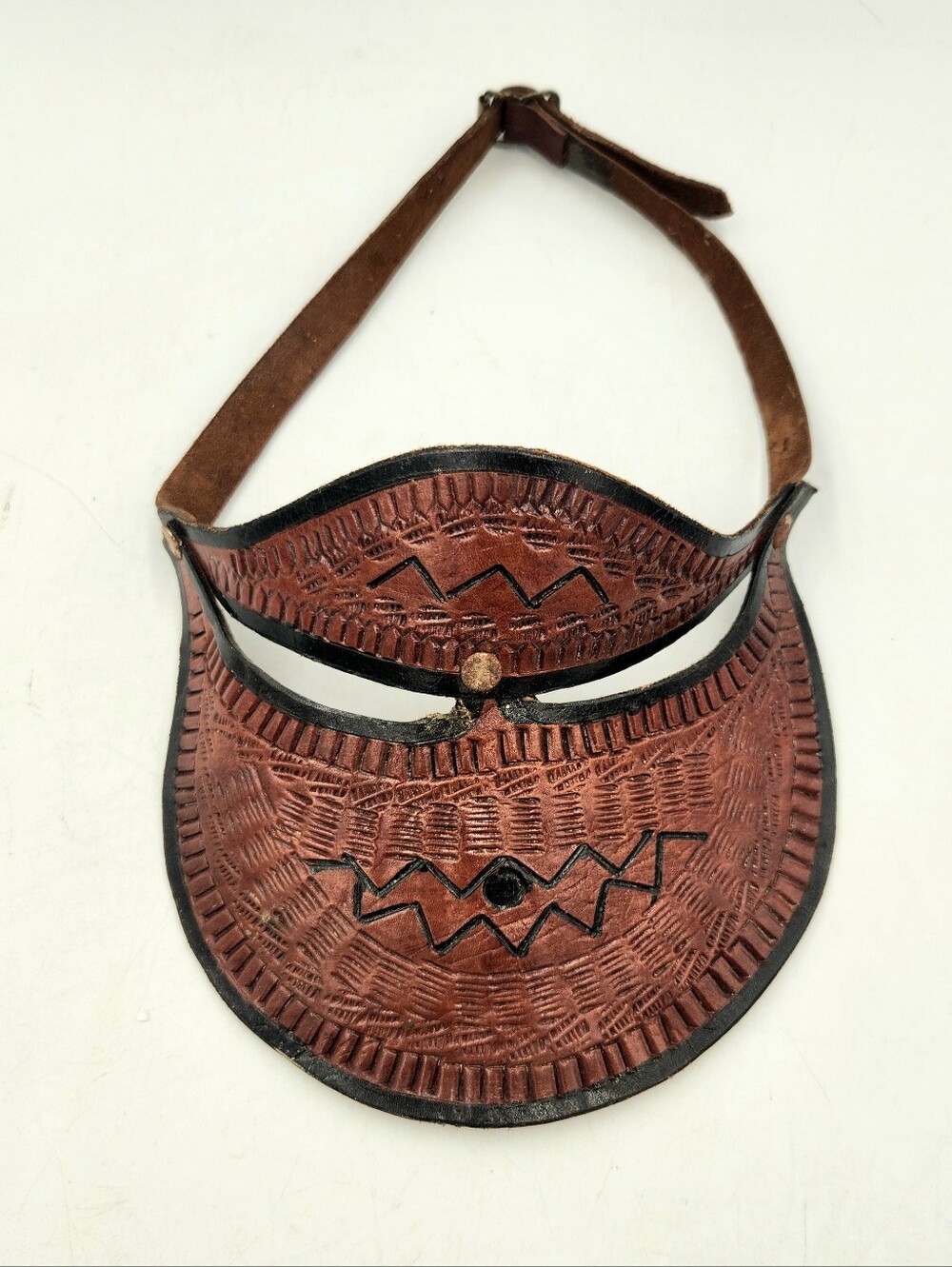 Vintage 70s Hand Tooled Leather Visor Hat Cap Unisex Biker Boho Western Artisan